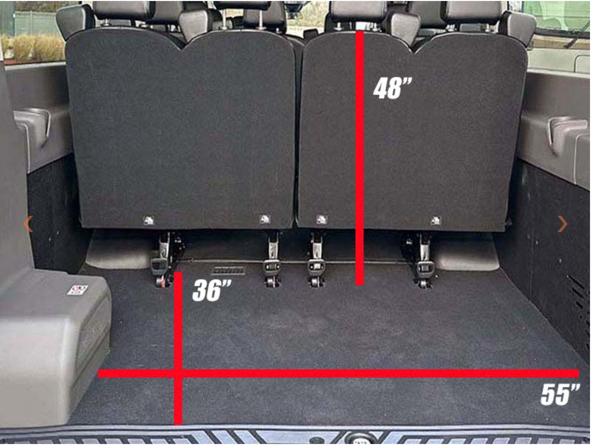 Luggage space behind the last row of the 15 seater rental in Katy: 55 by 36 inches, 48 inches tall