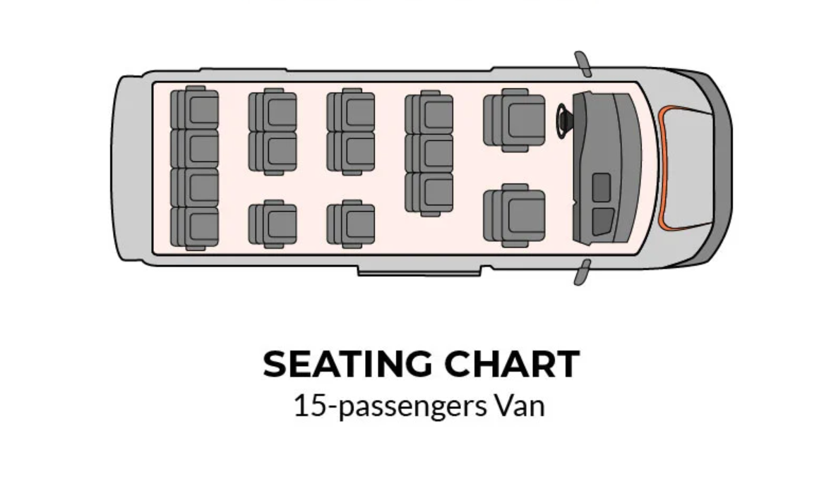 Seating chart of the 15 passenger Ford Transit 350 van rental in Katy